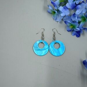 Blue Mother of Pearl Shell Circle Drop Vintage Earrings with Crystal Accents